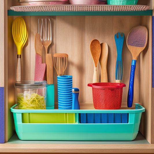 A clutter-free, brightly lit drawer interior with a mix of colorful utensils, such as wooden spoons, silicone spatulas, and metal whisks, neatly organized in stacked ceramic cups and woven baskets.