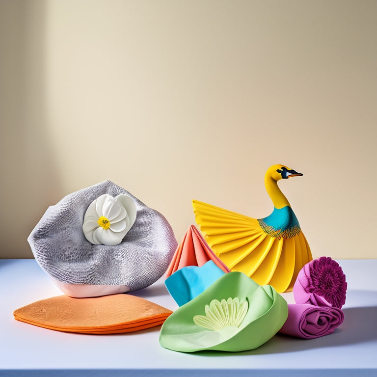 An arrangement of 5-7 vibrantly colored towels, intricately folded into various shapes, such as a swan, a flower, and a fan, against a clean, white background with subtle shadows.