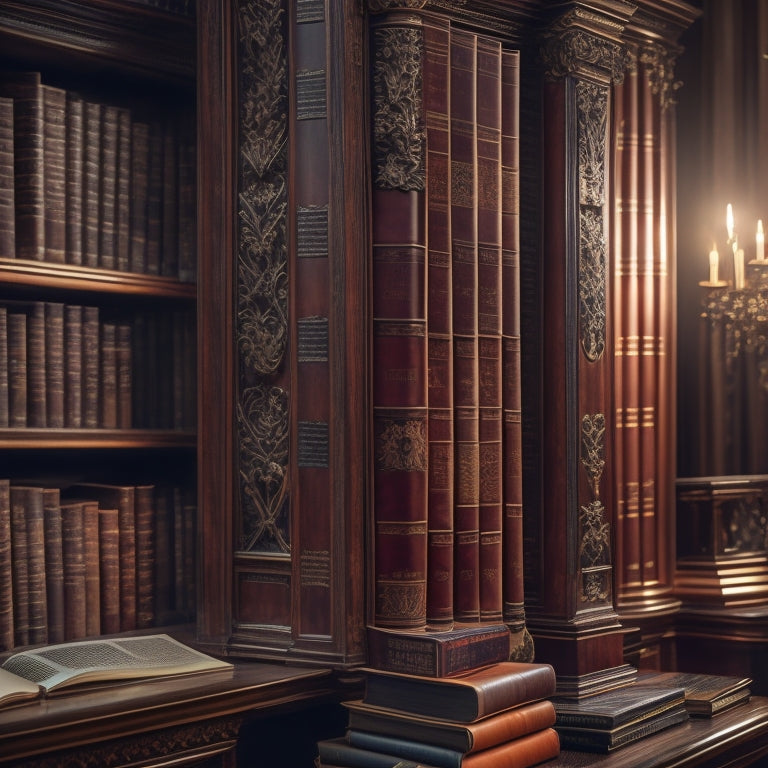 A majestic, golden-brown wooden bookshelf stretching across the entire frame, packed with neatly organized, leather-bound tomes, with a subtle glow emanating from the books' edges.