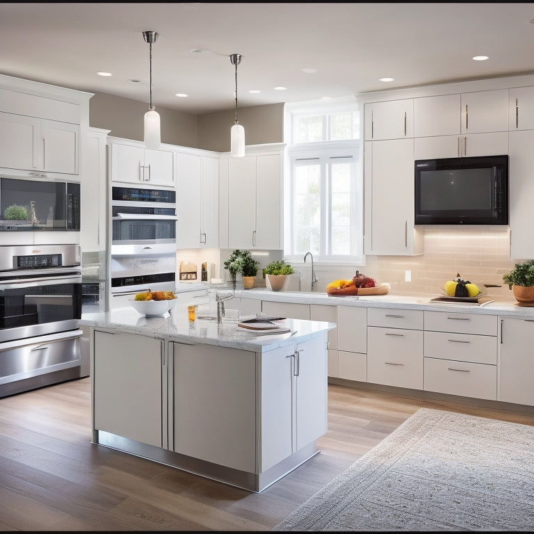 A modern kitchen with sleek, white countertops, stainless steel appliances, and a large island, surrounded by a PowerPoint presentation with slides featuring kitchen design templates on a large screen display.