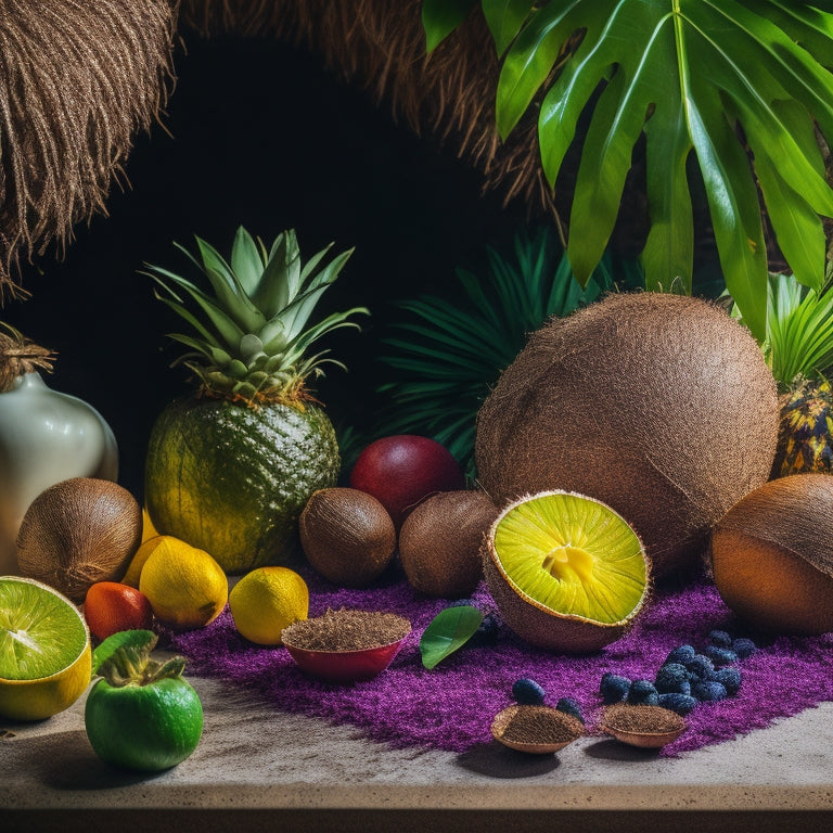 A vibrant, colorful still life featuring a variety of coconuts, coconut flakes, shredded coconut, and coconut oil, surrounded by tropical fruits and leaves, with a hint of golden sunlight.