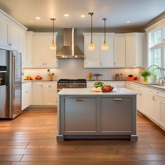 A sleek, modern kitchen with a large, stainless steel French door refrigerator as the centerpiece, surrounded by gleaming hardwood floors, white cabinets, and a large island with pendant lighting.