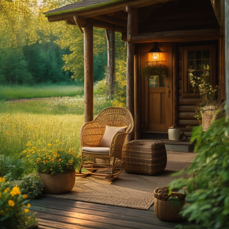 A serene, golden-lit cabin surrounded by lush greenery, with a wooden porch adorned with vintage lanterns, a wicker rocking chair, and a woven basket overflowing with fresh wildflowers.