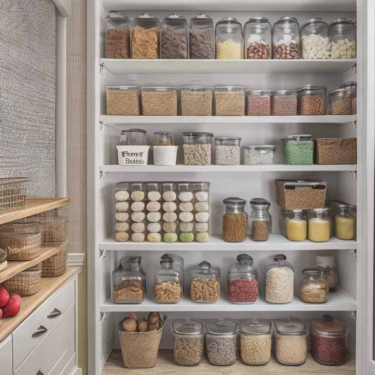 A cluttered pantry with overflowing shelves, expired food, and dusty containers, transformed into a neat and organized space with labeled jars, a utensil organizer, and a few strategically placed baskets.