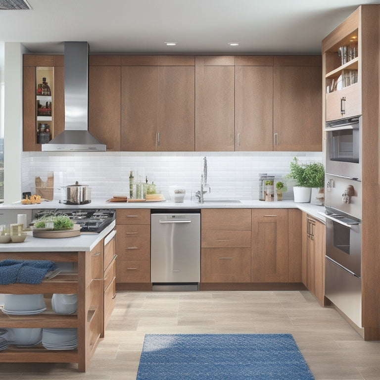 A bright, modern kitchen with sleek countertops and cabinets, featuring a pull-out pantry, adjustable shelving, a utensil organizer, and a wall-mounted pot rack, all in a harmonious blend of wood and stainless steel tones.