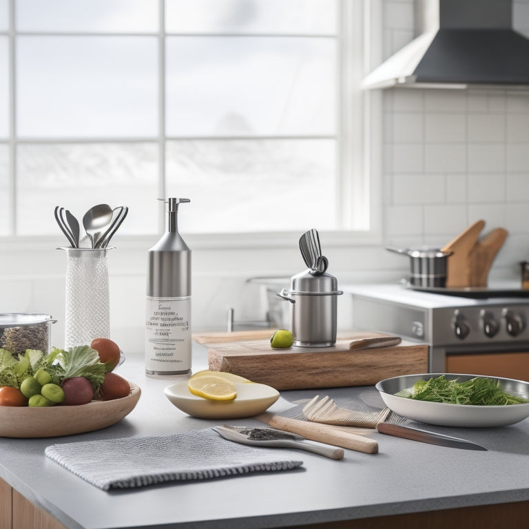 A tidy kitchen countertop with a few, carefully arranged, essential items: a stainless steel trash can, a small utensil organizer, a white ceramic knife block, and a wooden cutting board.