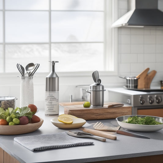 A tidy kitchen countertop with a few, carefully arranged, essential items: a stainless steel trash can, a small utensil organizer, a white ceramic knife block, and a wooden cutting board.