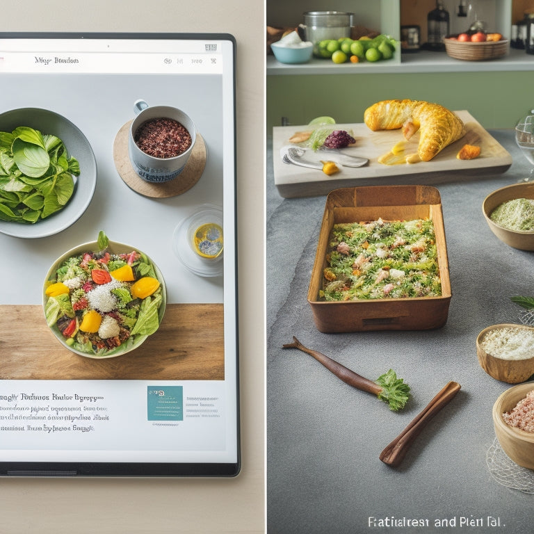 A split-screen image featuring a digital tablet with a recipe app open, surrounded by healthy ingredients, on one side, and a cluttered kitchen counter with open cookbooks and scattered papers on the other.