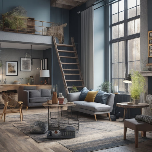 A warmly lit, modern living room with a demolished wall, scattered tools, and renovation materials, surrounded by inspirational design boards and 3D models, with a ladder leaning against a newly installed floor-to-ceiling window.