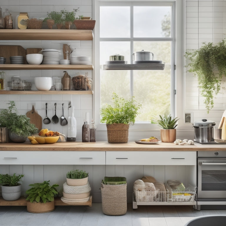 A bright, organized kitchen with open shelving, a few neatly arranged cookbooks, and a minimalist decor, featuring a laptop on a clean countertop, surrounded by a few healthy ingredients and a small potted herb plant.