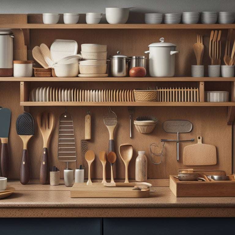 A tidy kitchen counter with a wooden utensil organizer, holding a dozen utensils in separate compartments, alongside a drawer with dividers and a pegboard on the wall with hooks.