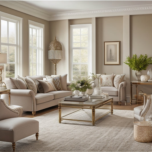 A beautifully styled living room with a neutral color palette, plush furniture, and strategically placed decorative items, showcasing a before-and-after transformation with a subtle "before" area in the corner.