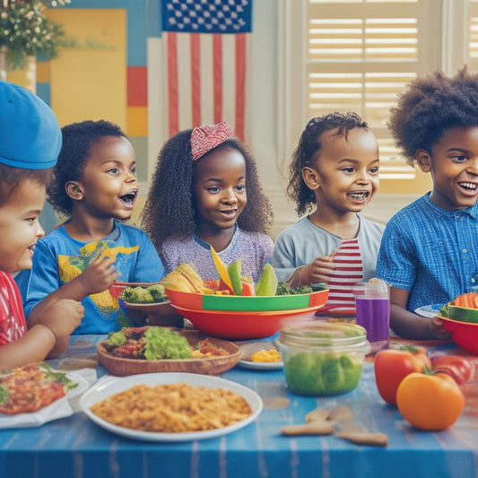 A vibrant illustration of diverse children happily eating nutritious food, such as fruits, vegetables, and whole grains, in a colorful childcare setting with a subtle American flag motif in the background.