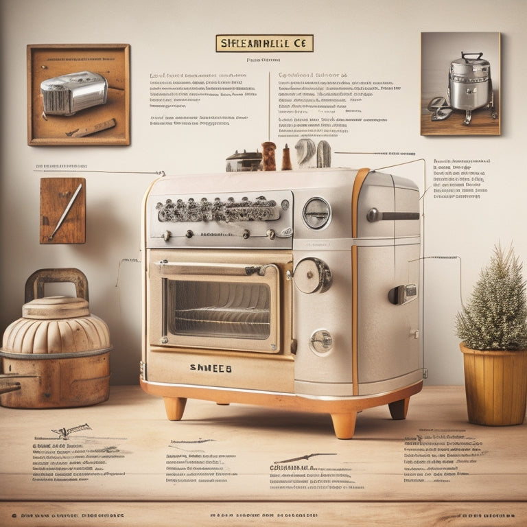 A nostalgic, retro-style illustration of a Smeg appliance manual, opened to a page with intricate, hand-drawn diagrams and annotations, surrounded by scattered screws, gears, and tools on a distressed wooden workbench.