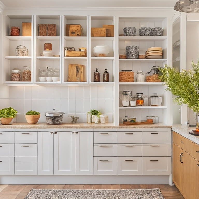 A clutter-free, modern kitchen with sleek, white cabinets, a compact island, and a vertical spice rack on the wall, showcasing optimized storage and organization in a small space.