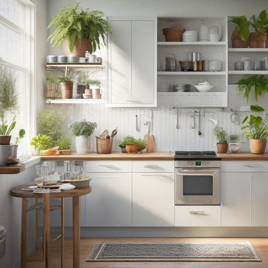 A bright, modern kitchen with sleek white cabinets, a stainless steel island, and a pegboard with neatly hung utensils, surrounded by a few strategically placed potted plants and a subtle natural light glow.