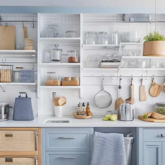 A bright and airy kitchen with a mix of open and closed storage, featuring a pegboard with hanging utensils, a utensil organizer on the counter, and a set of labeled baskets on a shelf.