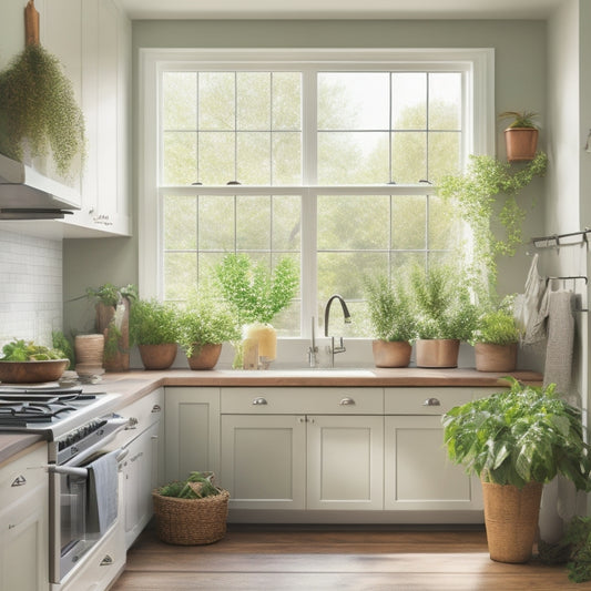 A bright and airy kitchen with a mix of modern and rustic elements: stainless steel appliances, wooden countertops, and a large window with a greenery-filled planter on the sill.