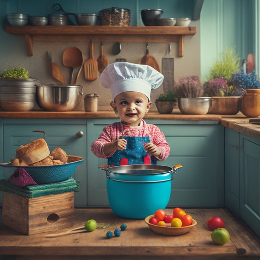 A colorful kitchen scene: a toddler wearing a miniature apron and chef's hat, standing on a step stool, enthusiastically holding a wooden spoon, surrounded by mixing bowls and utensils.