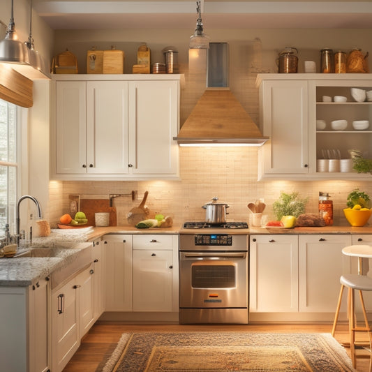 A warm, well-lit kitchen with a large island, stainless steel appliances, and cream-colored cabinets, featuring a pegboard with hanging utensils, a utensil organizer, and a set of stacked containers.