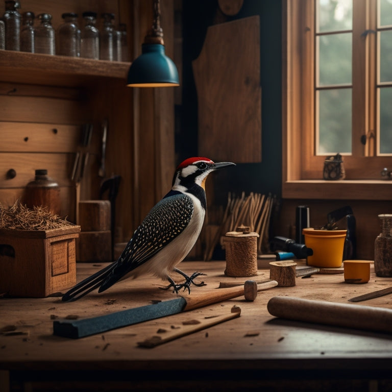 A wooden workshop background with a woodpecker perched on a half-carved wooden template, surrounded by precision woodworking tools, wood shavings, and a hint of natural light filtering through the window.