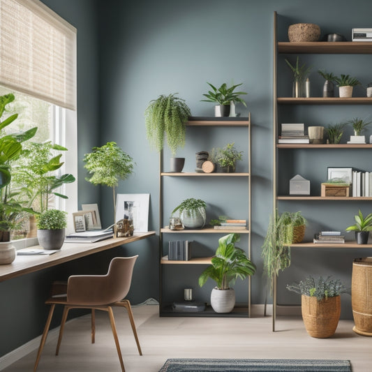 A serene, minimalist home office with a tidy desk, a few selectively-placed decorative items, and a floor-to-ceiling bookshelf with color-coded, neatly-stacked books and a few potted plants.