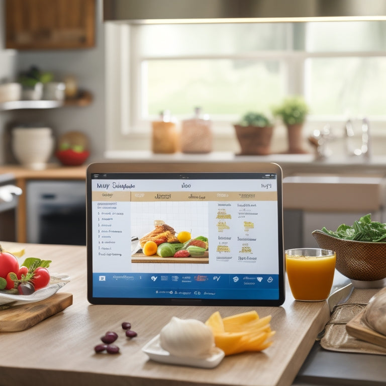 A kitchen counter with a tablet displaying a meal planning app, surrounded by organized recipe binders, a calendar, and a few fresh ingredients, with a blurred background of a tidy kitchen.