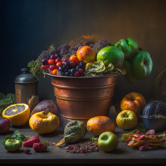 A haunting still life: a overflowing trash can, surrounded by rotting fruits and vegetables, with a faint image of a family meal in the background, dimly lit and faded away.