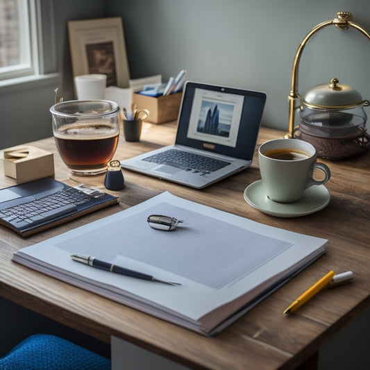 A tidy, modern desk with a laptop, a cup of steaming coffee, and a notebook with a few sheets of paper torn out, surrounded by scattered pens, pencils, and a small, elegant house-shaped paperweight.