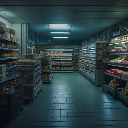 A dimly lit grocery store at night, with a single shopping cart in the center, surrounded by shelves with partially stocked products, and a few scattered papers on the floor.