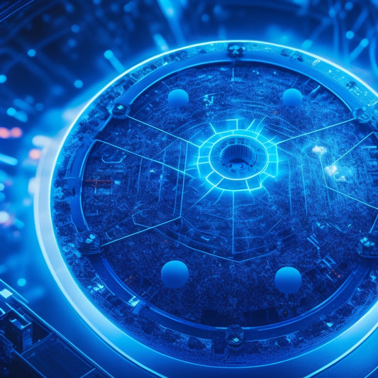 A stylized, futuristic illustration of a central hub with glowing blue lines and circuits, surrounded by orbiting gears, cogs, and spheres, radiating energy and innovation.