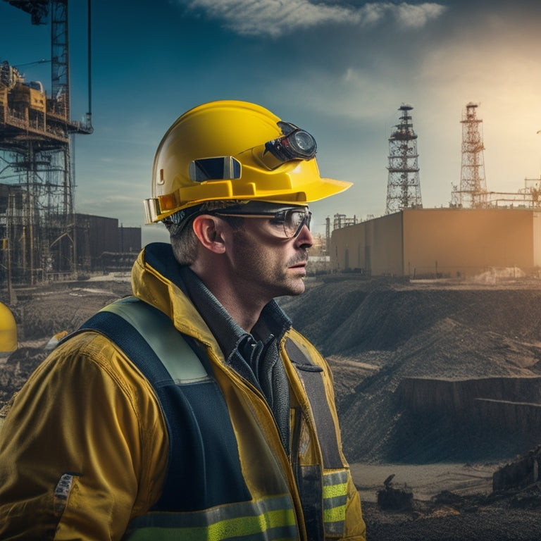 A dramatic, high-contrast image featuring a rugged industrial background, with a prominent yellow hard hat and a pair of safety goggles suspended in mid-air, surrounded by scattered blueprints and warning signs.