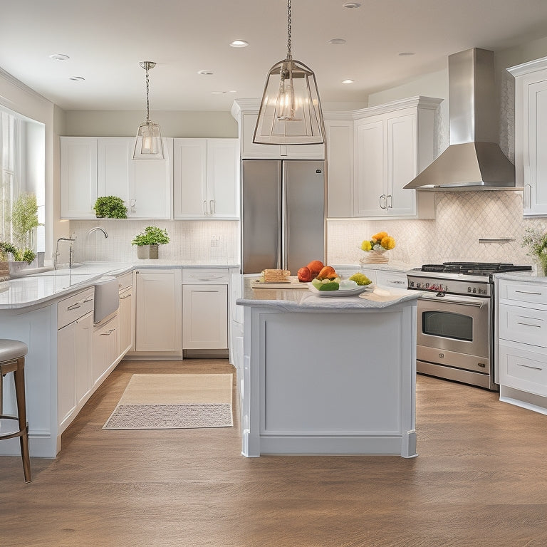 A bright, modern kitchen with sleek white cabinets, rich wood flooring, and stainless steel appliances, featuring a spacious L-shaped counter, large island, and a harmonious workflow triangle.