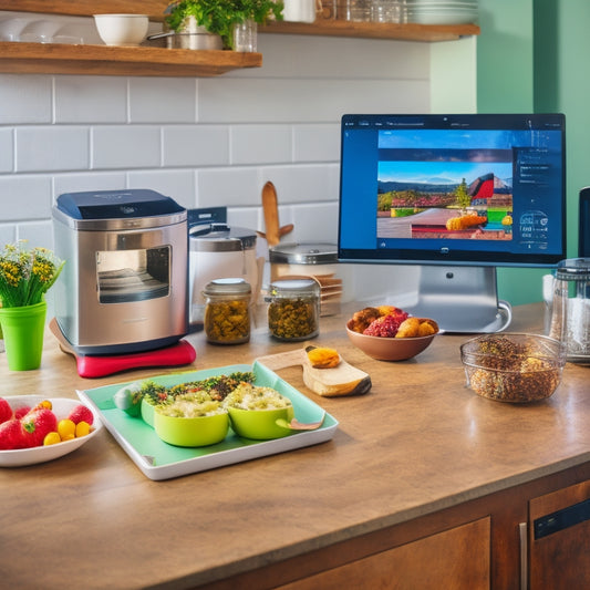 A clutter-free kitchen counter with a left-handed person's workstation: a laptop, a tablet with a kitchen app open, a digital scale, a utensil organizer, and a smart speaker with a recipe playing.