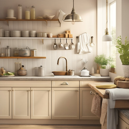 A serene kitchen with warm lighting, featuring a utensil organizer with large, easy-to-grip handles, a pull-out spice rack, and a sink with a lever-handle faucet, all set against a calming beige background.