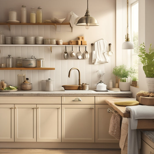 A serene kitchen with warm lighting, featuring a utensil organizer with large, easy-to-grip handles, a pull-out spice rack, and a sink with a lever-handle faucet, all set against a calming beige background.