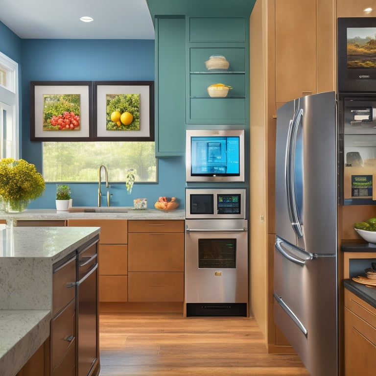 A modern kitchen with sleek countertops, a large island, and premium appliances, featuring a tablet mounted on the wall displaying a digital recipe, with a tidy pantry and labeled drawers in the background.