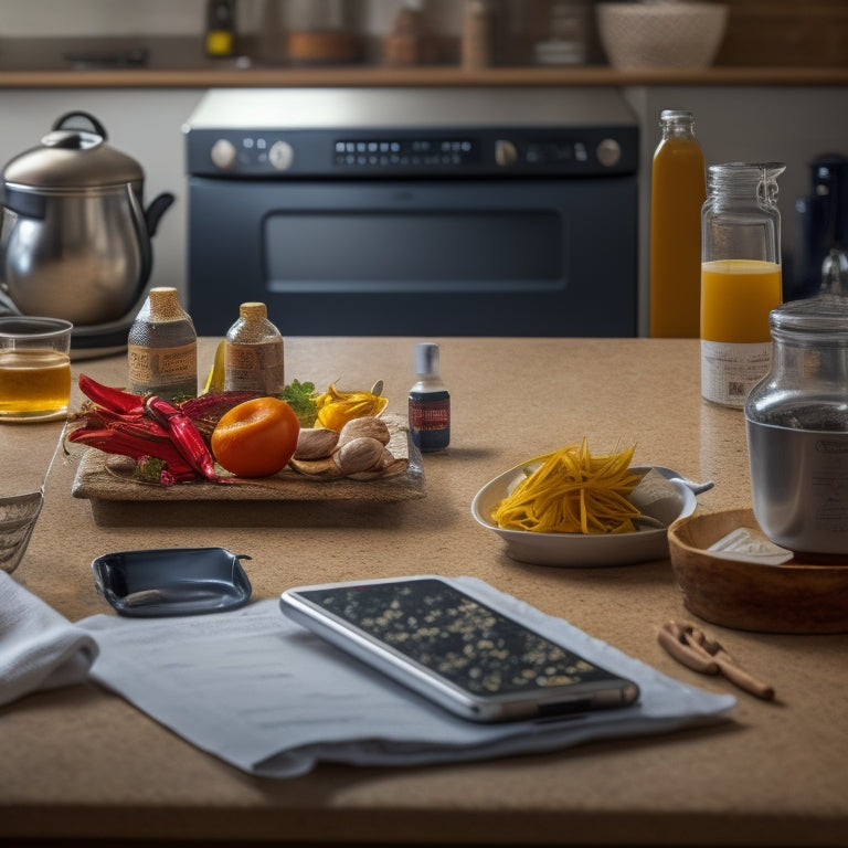 A messy kitchen counter with scattered recipe papers, utensils, and a disorganized spice rack, next to a tidy Android smartphone with a clean kitchen background reflected on its screen.