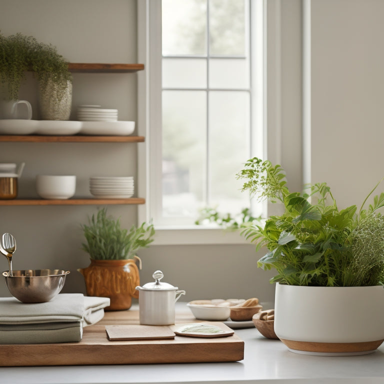 A serene, organized kitchen with a few, carefully selected cookbooks on a wooden shelf, a vase with fresh greenery, and a minimalist utensil holder on a clean, white countertop.