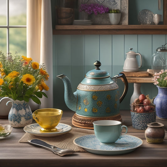 A warm and inviting kitchen scene with vintage-inspired appliances, colorful ceramic tiles, and playful accessories like a polka-dot tea kettle and a bouquet of fresh flowers on a distressed wooden table.