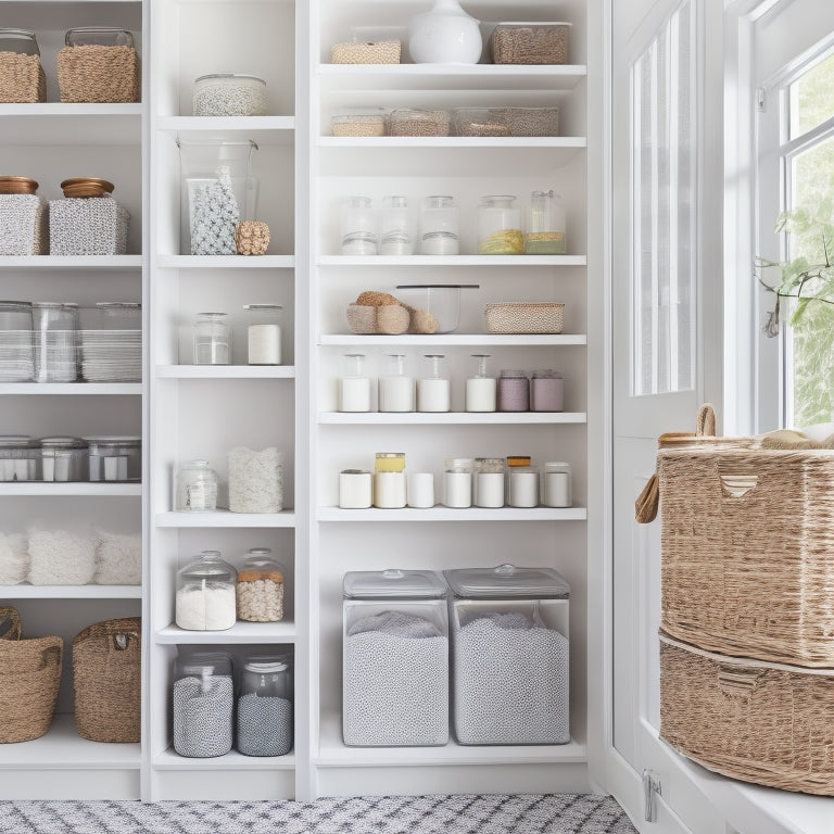 A bright, white pantry with sleek, gray shelves, featuring neatly labeled glass jars, baskets, and bins, arranged by category, with a few strategically placed decorative items.