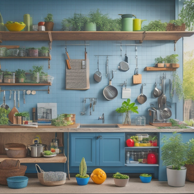 A bright, organized kitchen with a tidy island, utensils hung on a pegboard, and a calendar on the wall, surrounded by vibrant greenery and a few strategically placed cookbooks.