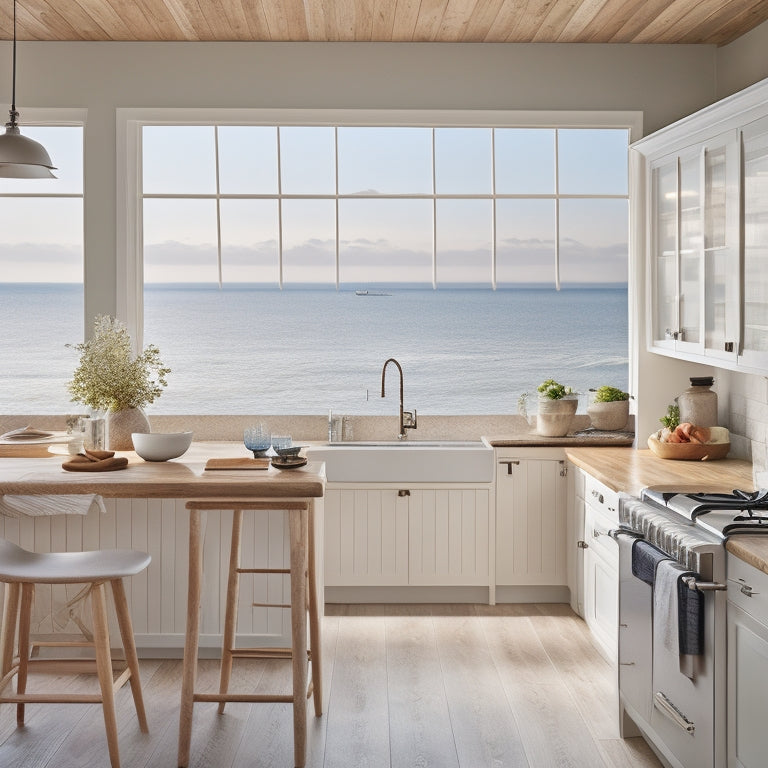 A serene coastal kitchen scene featuring a soft, creamy-white island, weathered wood accents, and a stunning ocean view through floor-to-ceiling windows, with natural light pouring in.