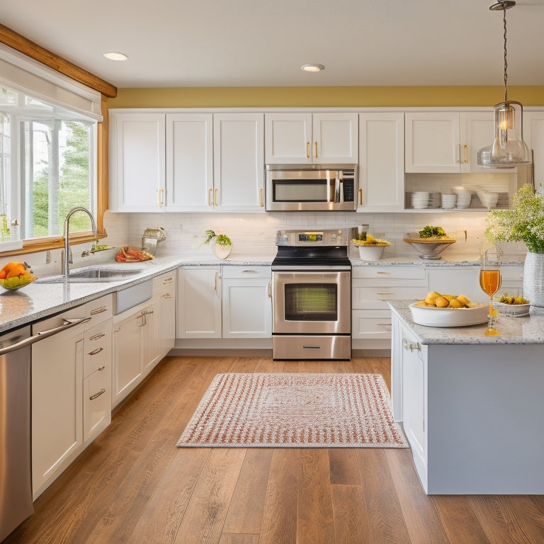 A bright, modern, L-shaped kitchen with sleek white cabinets, stainless steel appliances, and a compact island featuring a built-in cooktop, surrounded by warm, honey-colored wood flooring.