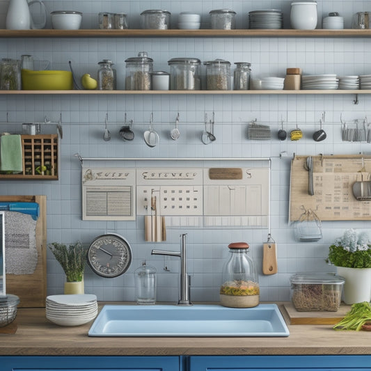 An organized kitchen with a central island, utensils hanging from a pegboard, a tidy countertop with a few appliances, and a calendar on the wall with notes and reminders.