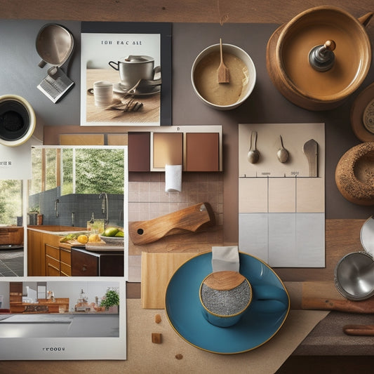 A warm and inviting kitchen design board with various tools and materials, including a tape measure, color swatches, a floor plan, and a cup of steaming coffee, surrounded by inspirational kitchen images.