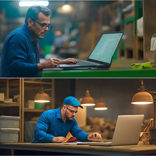 A split-screen image: a cluttered warehouse with scattered papers and a frazzled worker on one side, and a tidy warehouse with a calm worker in front of a laptop displaying a neatly organized Google Sheets interface on the other.