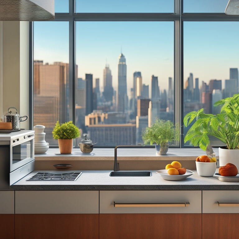 A modern kitchen with sleek countertops and minimalist decor, featuring a MacBook Pro on a kitchen island, surrounded by design software windows and a cup of coffee, with a subtle hint of a cityscape outside the window.