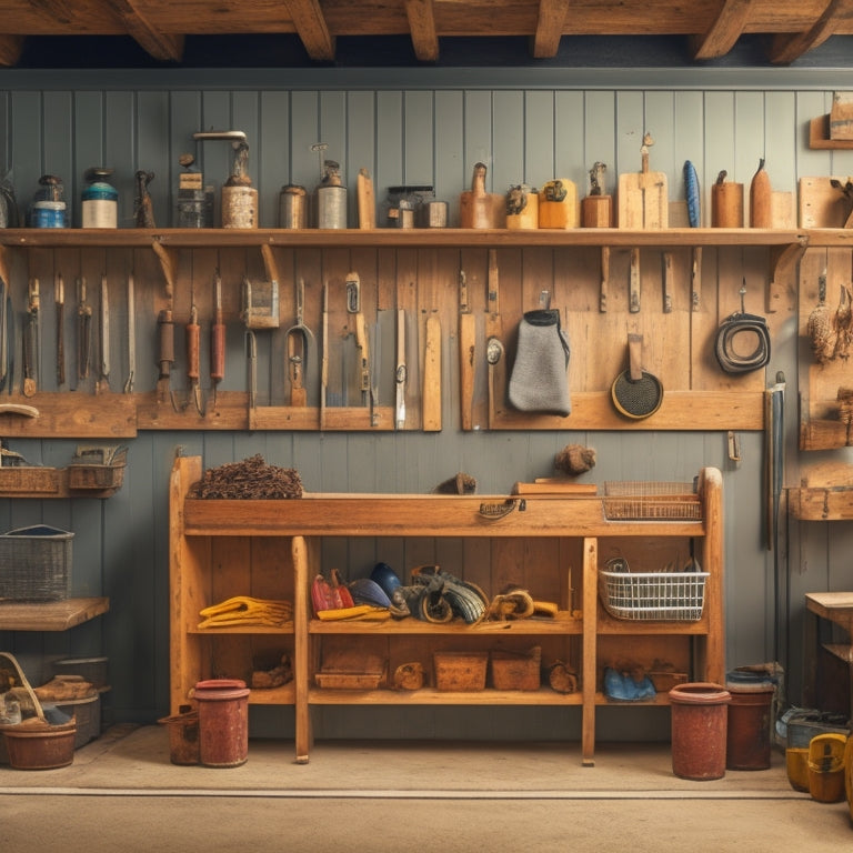 A tidy workshop with a wall-mounted French cleat system, featuring various tools and accessories hung from hooks, bins, and baskets, all perfectly aligned and spaced, with a subtle wooden grain texture.