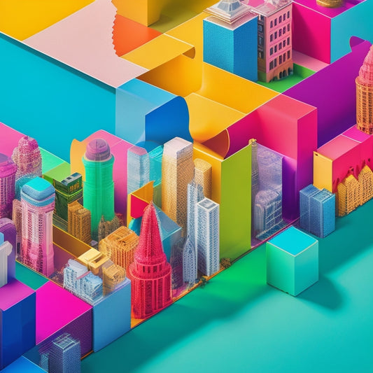 A minimalist illustration featuring a stylized, curved arrow merging multiple colorful puzzle pieces into a single, cohesive print ad, surrounded by subtle, blurred cityscape elements.